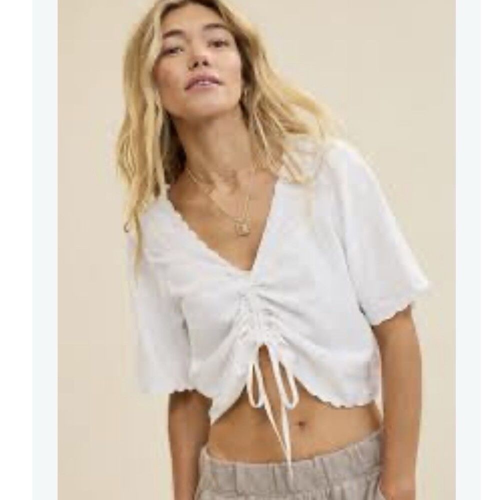 Aerie White Embroidered Ruched Gathered Crop Top Size S